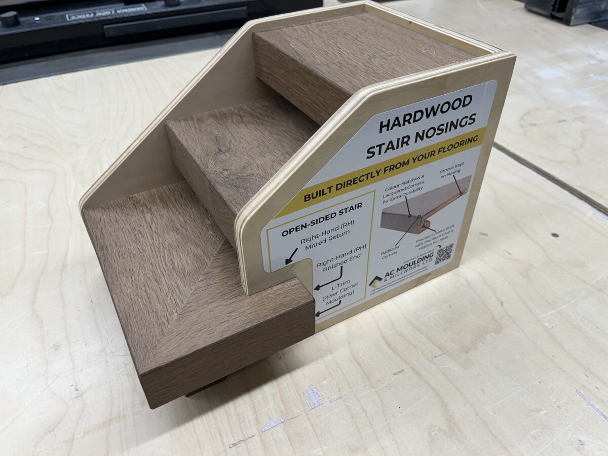 Hardwood sample staircase with matching nosing for showroom and dealer display.