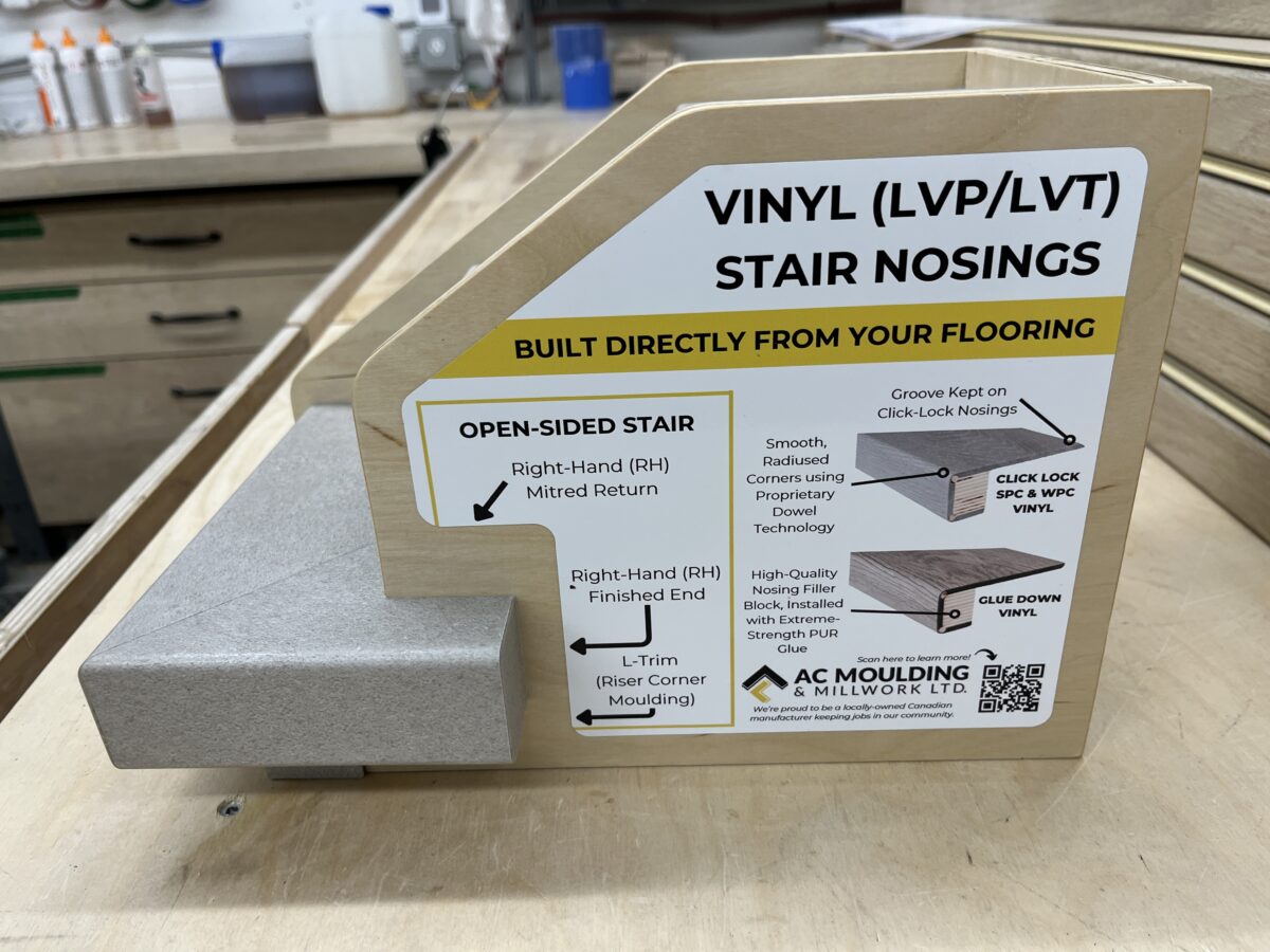 Side view of vinyl sample staircase showing open-sided nosing detail and finished returns.