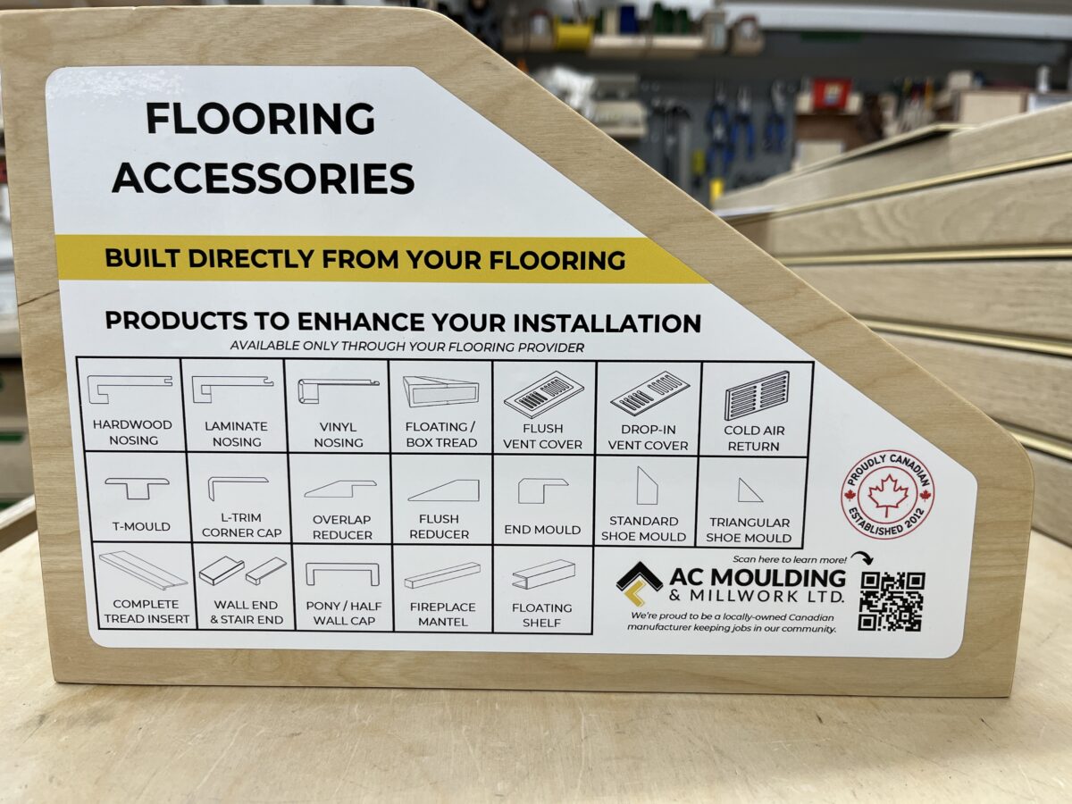 Graphic showing multiple flooring accessory profiles including stair nosings, reducers, t-mouldings, and trim components.